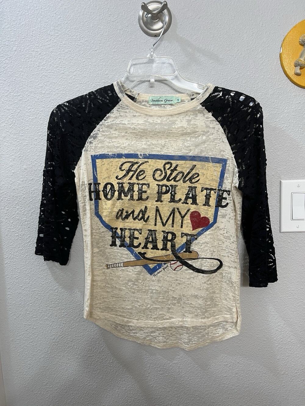 Southern Grace lace sleeve baseball top size M He Stole My Heart & Home Plate